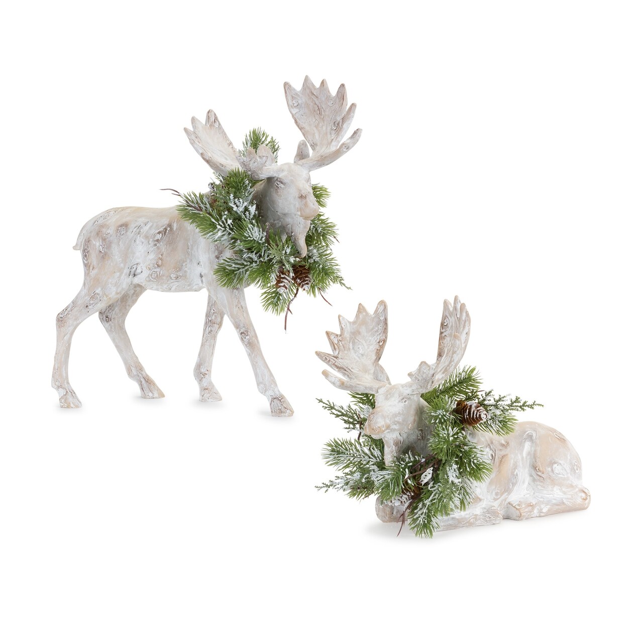 Melrose Set of 2 Moose with Pine Wreath Christmas Tabletop Figurines 12.5"